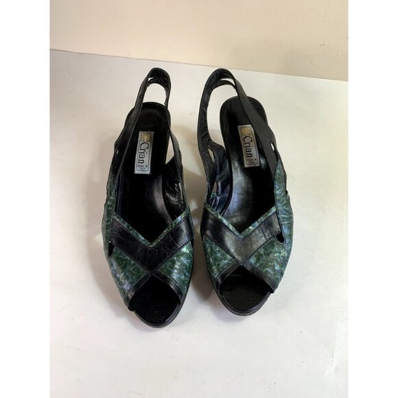 Vintage 70s Pointed Toe Slingback SnakeSkin Wedge Shoe Black Green Women's 38/7 - Picture 2 of 9